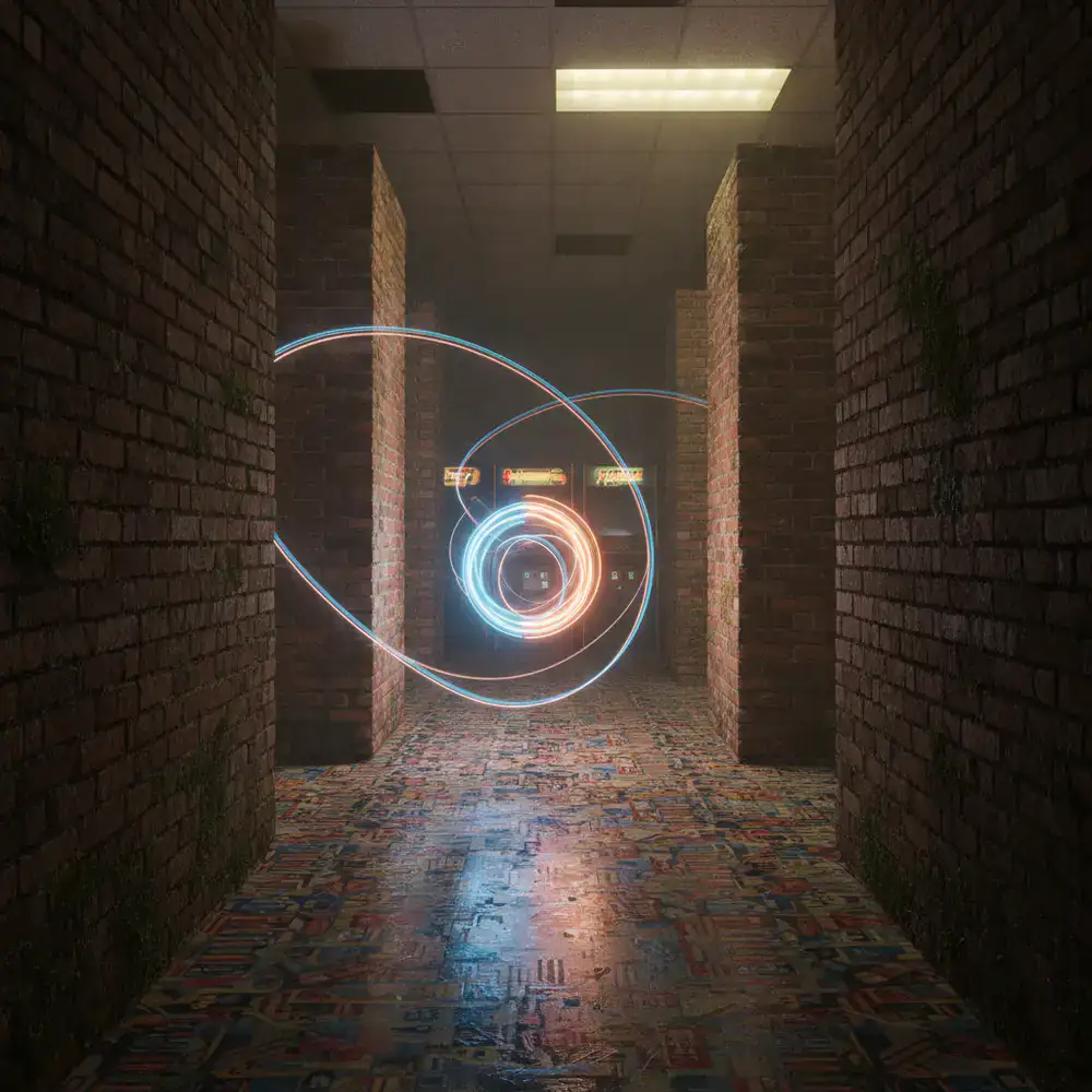 Visual trajectory paths of a glowing ball bouncing through a maze of bricks