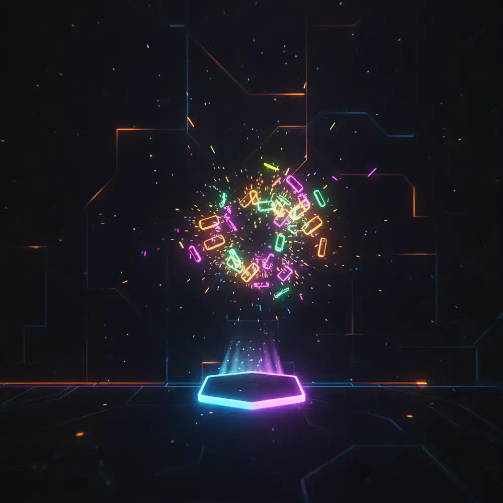 Gameplay screenshot showing a glowing paddle and shattered neon bricks