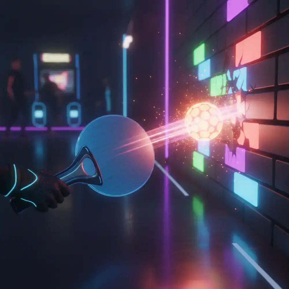 Dynamic paddle hitting a glowing ball into neon bricks