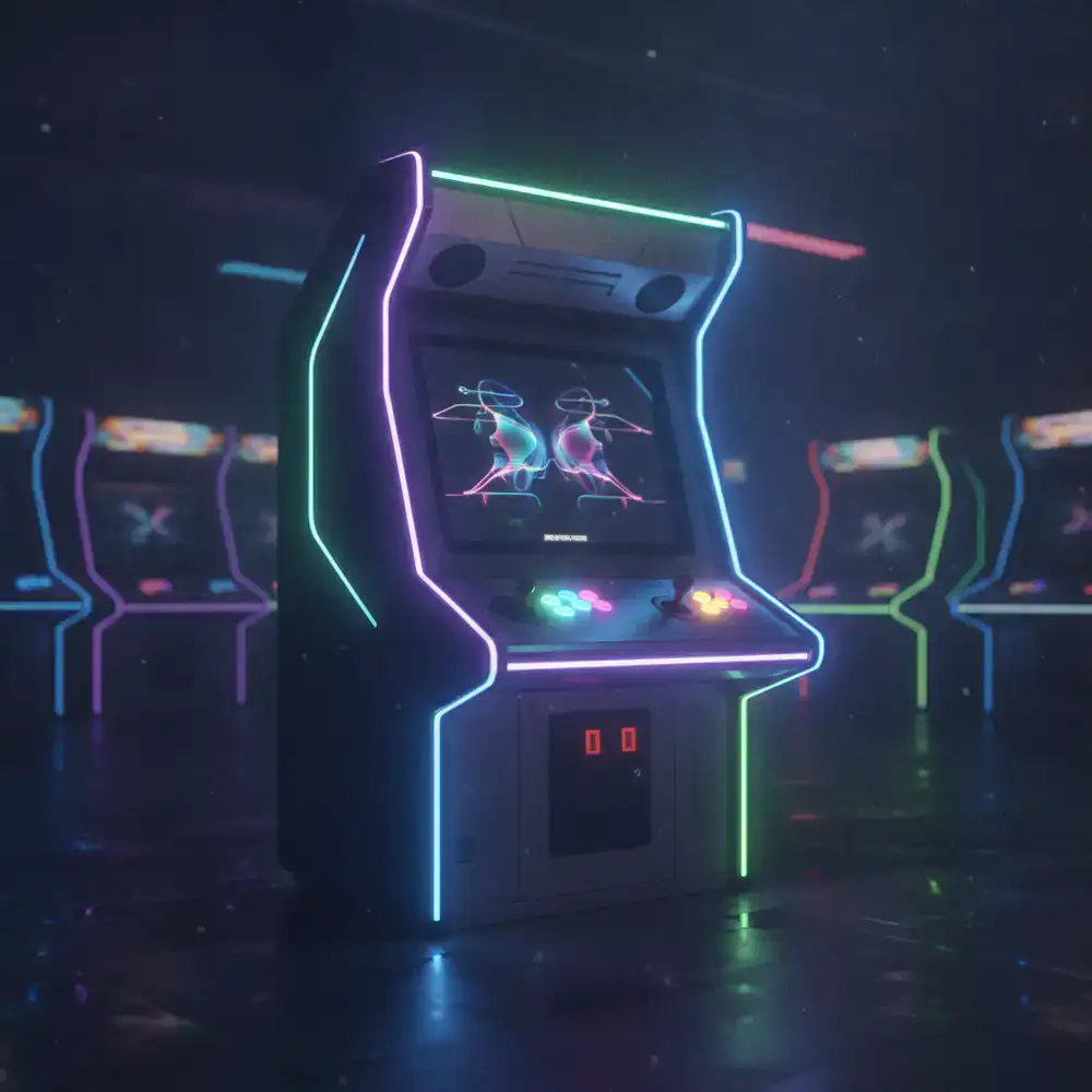 Arcade cabinet launch sequence with glowing neon accents