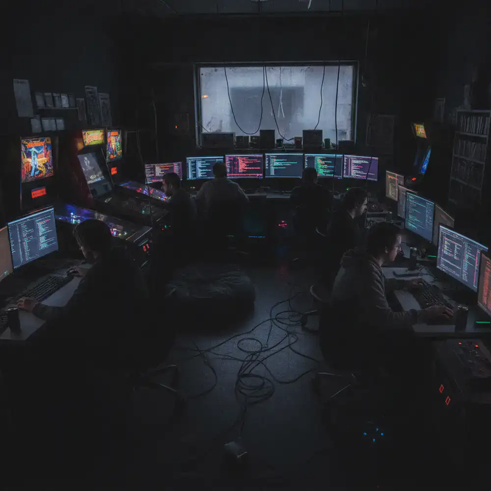 Developers working in a dimly lit studio surrounded by neon monitors
